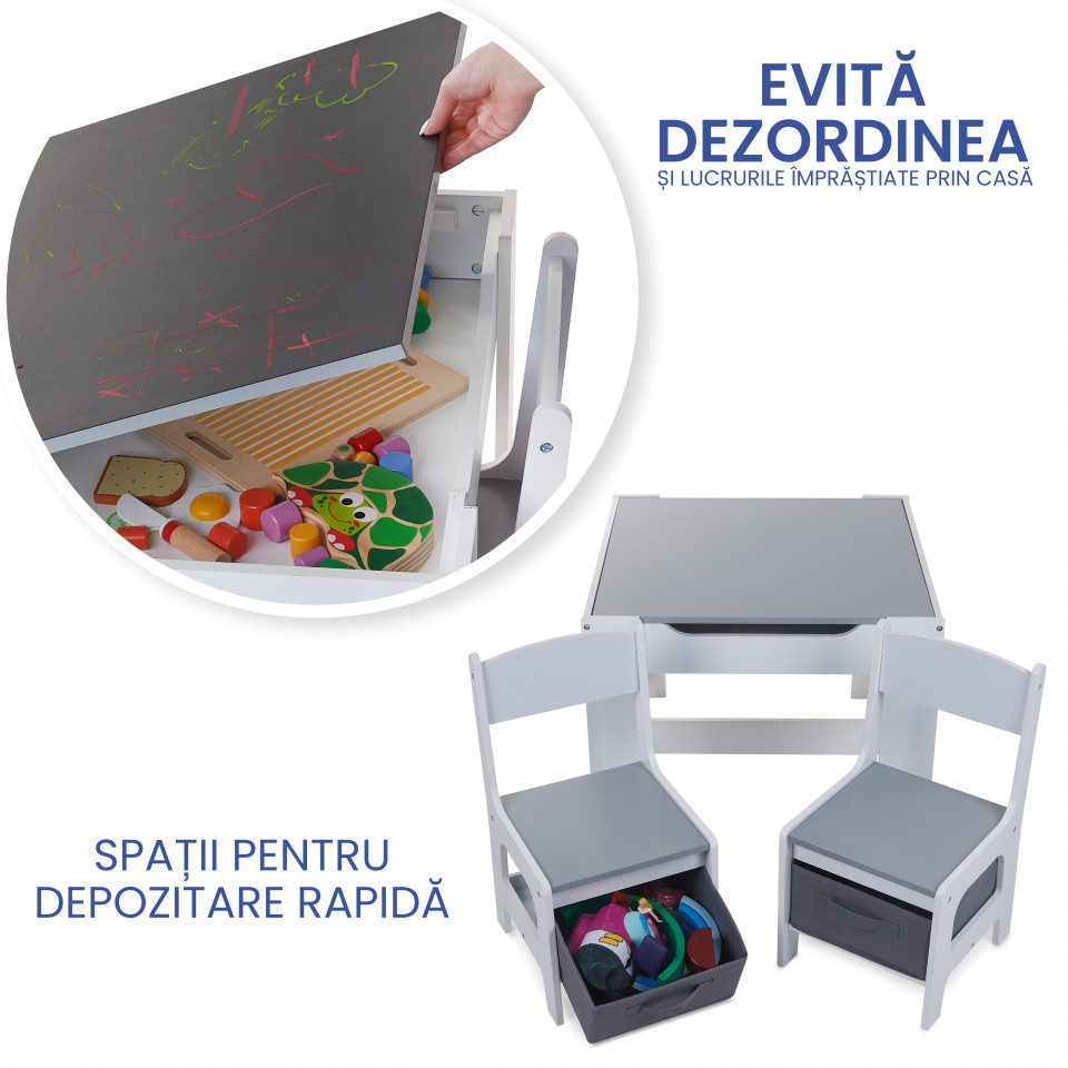 Set Masuta cu scaune pentru copii din Lemn Mdf 3 in 1, Tabla De Scris, Desenat, Colorat, Depozitare, Varsta 3-6 Ani, Alb cu Gri - 2 | YEO