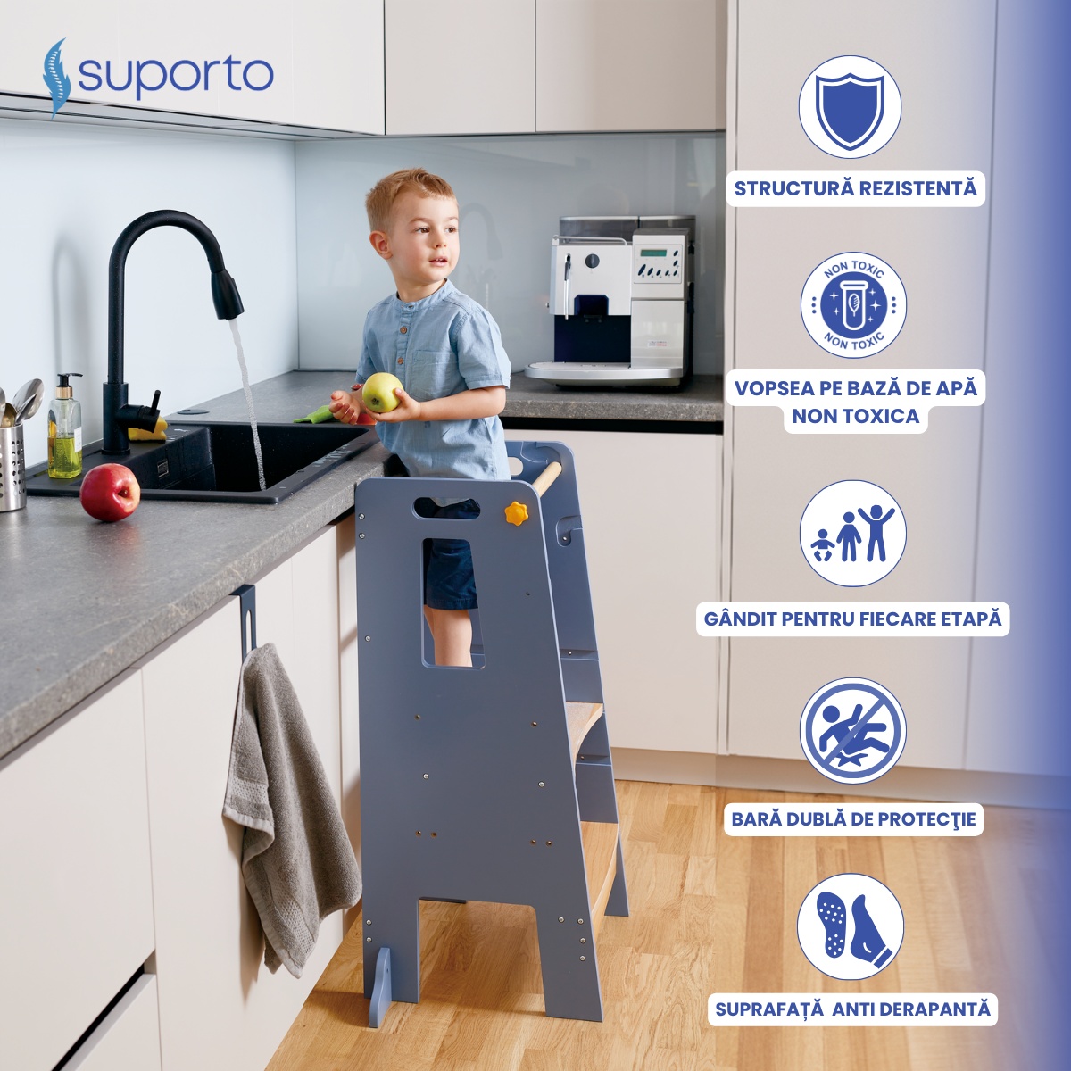 Turn de Invatare tip Learning tower pentru Copii Suporto, Rol de Inaltator cu Treapta de urcare reglabila antiderapanta si Balustrade de Protectie, Gri / Maro - 1 | YEO