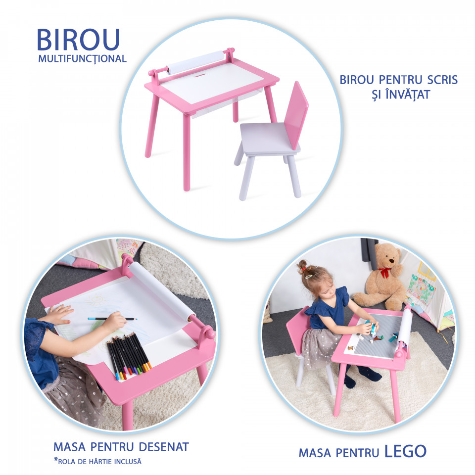 Birou pentru copii Roz cu tabla compatibila cu piese LEGO, din MDF, cu Scaunel, Rola de desen, Spatiu de depozitare, Blat reversibil - 1 | YEO