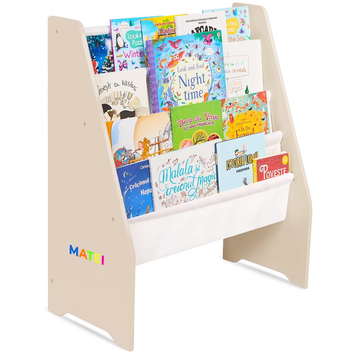 Raft de Carti pentru Copii Suporto, Organizator cu etajere din textil, pentru depozitare jucarii, carti si caiete. Mobilier din Lemn MDF, 71.5 x 62 x 30 cm, Crem