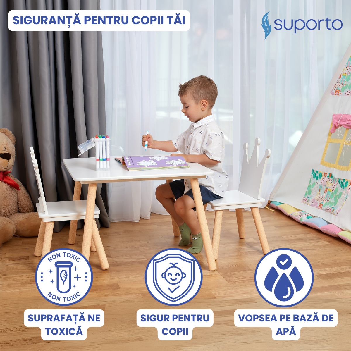Set Masa si 2 Scaune Suporto pentru Copii din Lemn MDF, Model Print si Printesa, Scaun in Forma de Coronita, Varsta 3-6 Ani, cu Margini Rotunjite, Alb - 1 | YEO