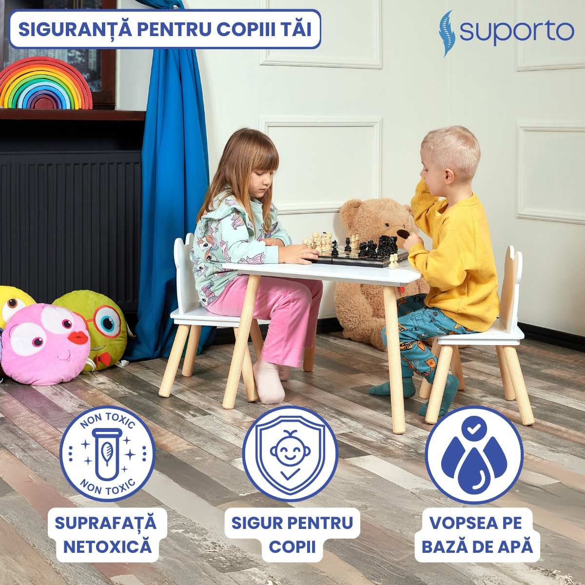 Set Masa si 2 Scaune Suporto pentru Copii din Lemn MDF, Scaun in Forma de Ursulet si Masuta de Scris, Varsta 3-6 Ani, cu Margini Rotunde, Alb - 1 | YEO