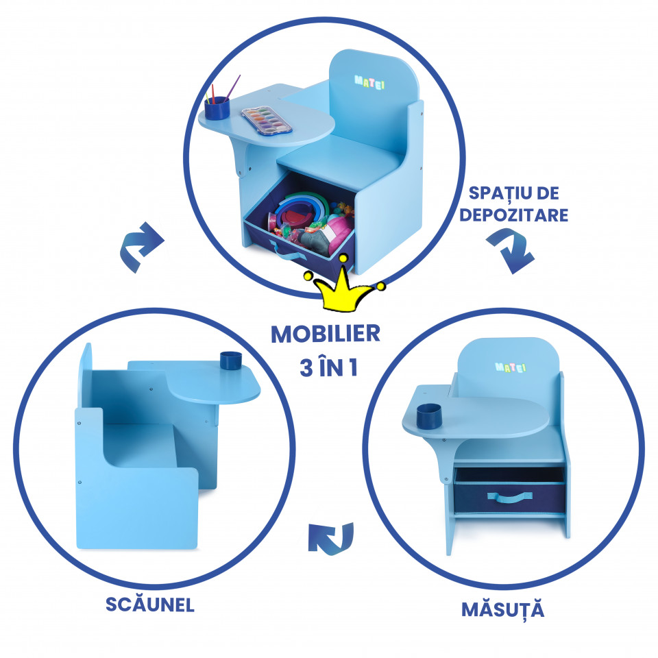 Set Masuta Cu Scaun Incorporat pentru Copii 3 In 1, Din Lemn Mdf, Varsta 3-6 ani Albastru - 1 | YEO