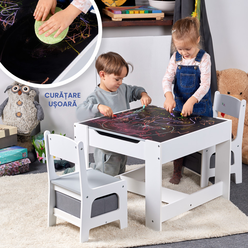 Set Masuta cu scaune pentru copii din Lemn Mdf 3 in 1, Tabla De Scris, Desenat, Colorat, Depozitare, Varsta 3-6 Ani, Alb cu Gri - 3 | YEO