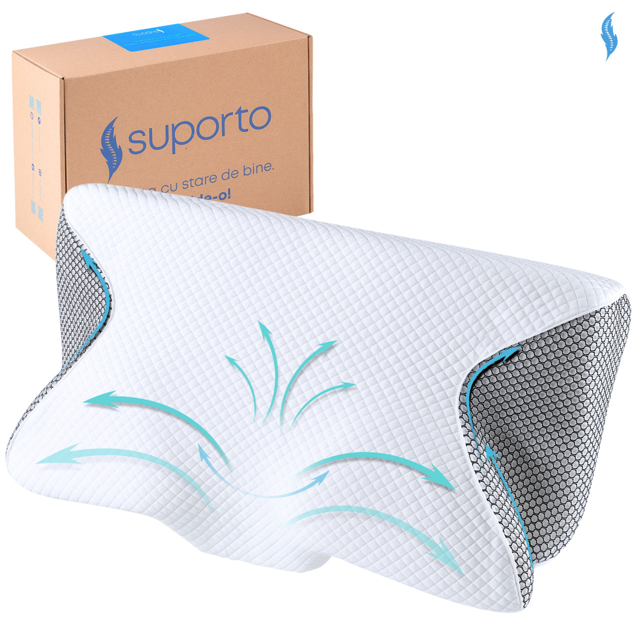 Set Perna Ortopedica Cervicala pentru dormit cu Extensii Negre + Masca de dormit Suporto 3D cu saculet Verde Smarald, pachet pentru ochi obositi si un somn odihnitor. - 1 | YEO
