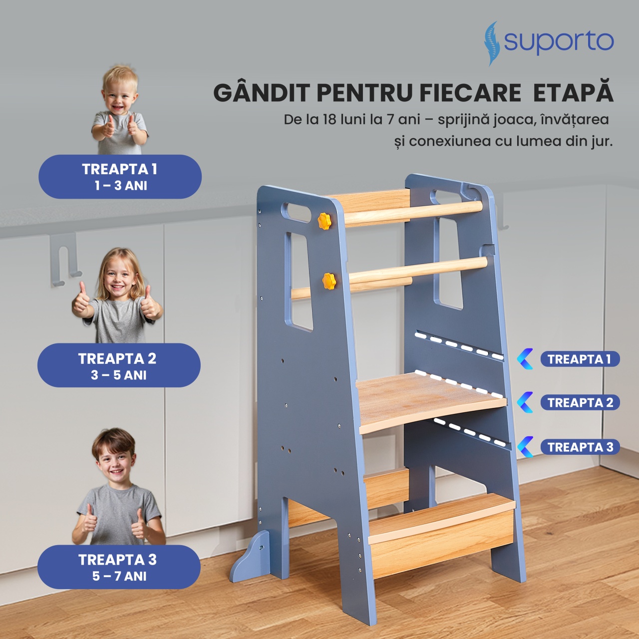 Turn de Invatare tip Learning tower pentru Copii Suporto, Rol de Inaltator cu Treapta de urcare reglabila antiderapanta si Balustrade de Protectie, Gri / Maro - 2 | YEO