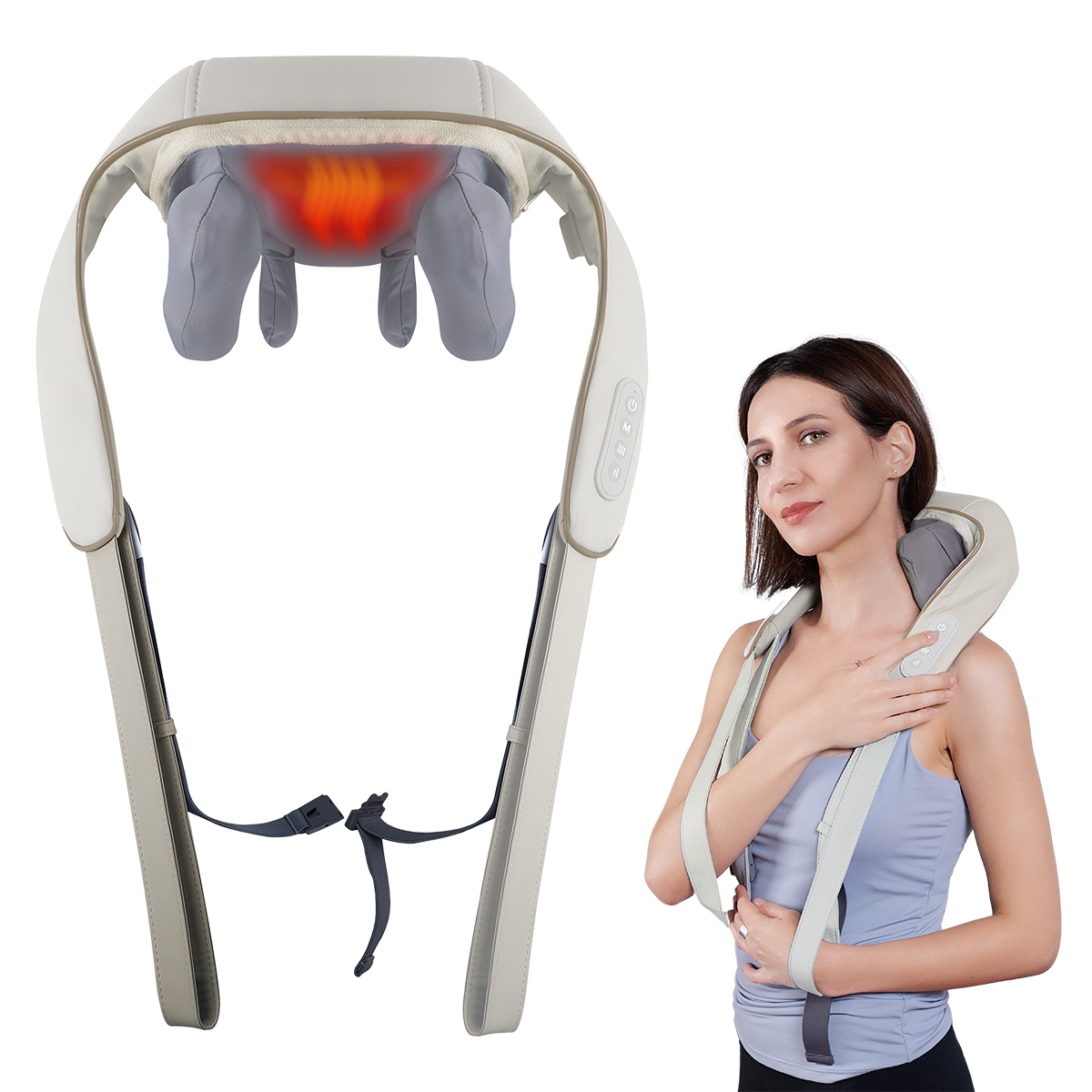 Aparat Masaj Cervical Hands-Free Suporto pentru Relaxare Musculara, Rola de Masat Shiatsu 5D care Imita Masajul Uman, Functie Incalzire, Reduce Stresul si Oboseala, Amelioreaza Durerile pentru Gat, Umeri si Spate, Intensitate Reglabila, Crem