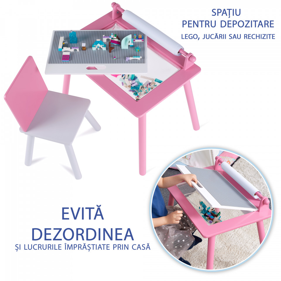 Birou pentru copii Roz cu tabla compatibila cu piese LEGO Clasic, din MDF, cu Scaunel, Rola de desen, Spatiu de depozitare, Blat reversibil - 2 | YEO