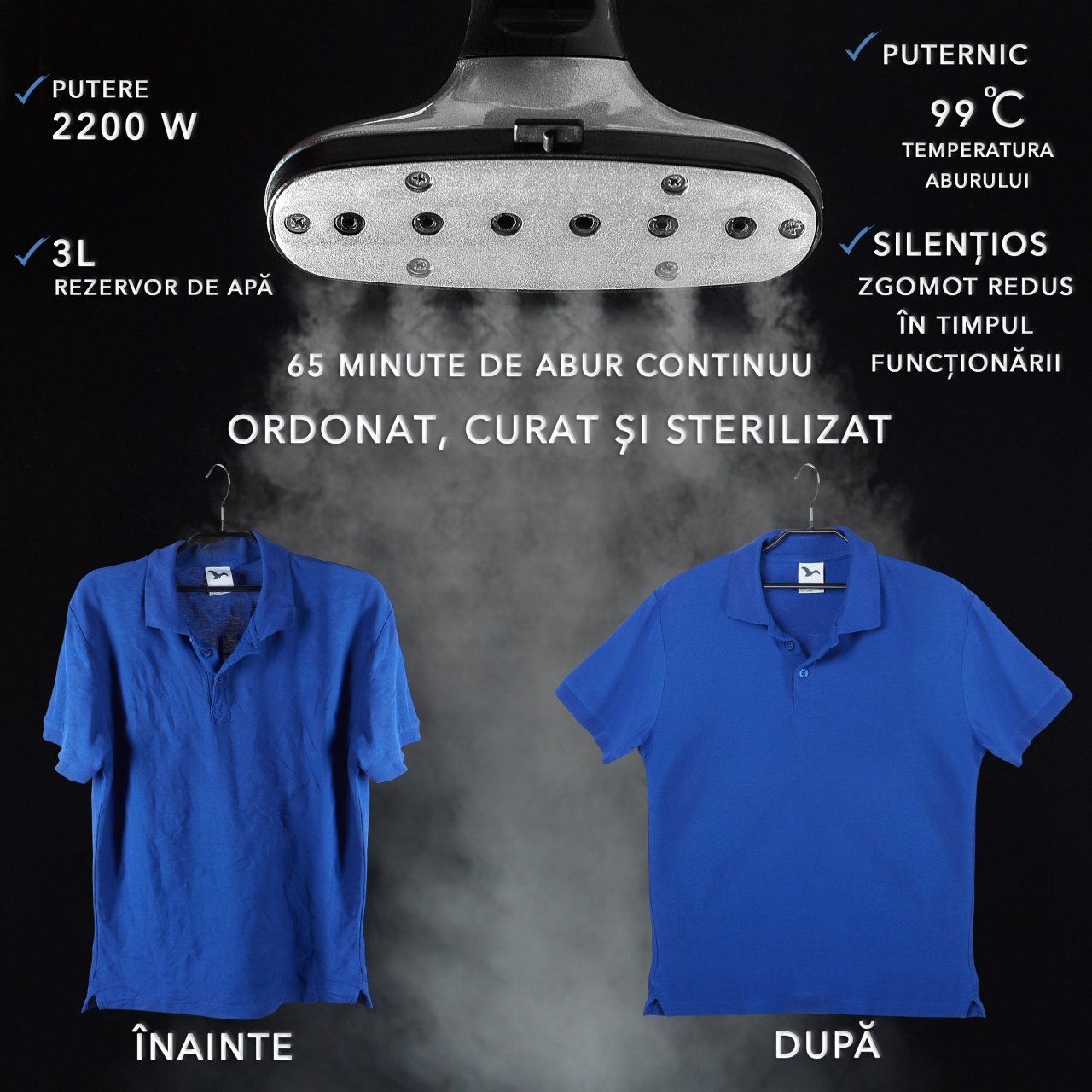 Fier de Calcat Vertical cu aburi Suporto, Steamer model R3 de 2200W cu 4 trepte de putere. Statie de calcat profesionala pentru haine netede, fara mirosuri si fara cute. Rezervor aparat 3L, pentru 65 min de lucru, 45g/min abur continuu. - 2 | YEO