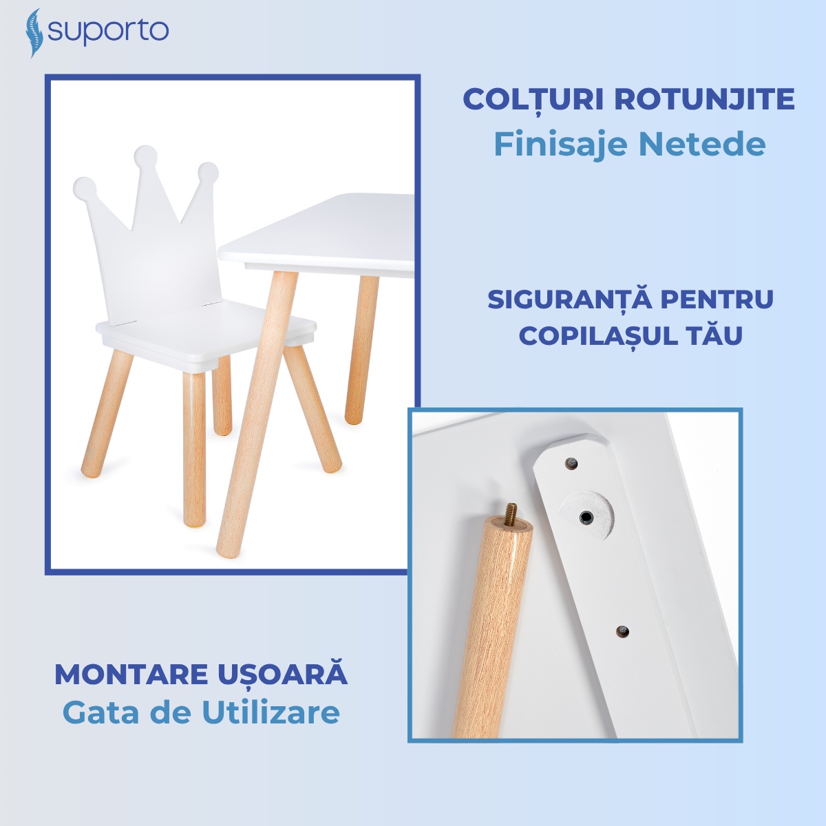 Set Masa si 2 Scaune Suporto pentru Copii din Lemn MDF, Model Print si Printesa, Scaun in Forma de Coronita, Varsta 3-6 Ani, cu Margini Rotunjite, Alb - 2 | YEO