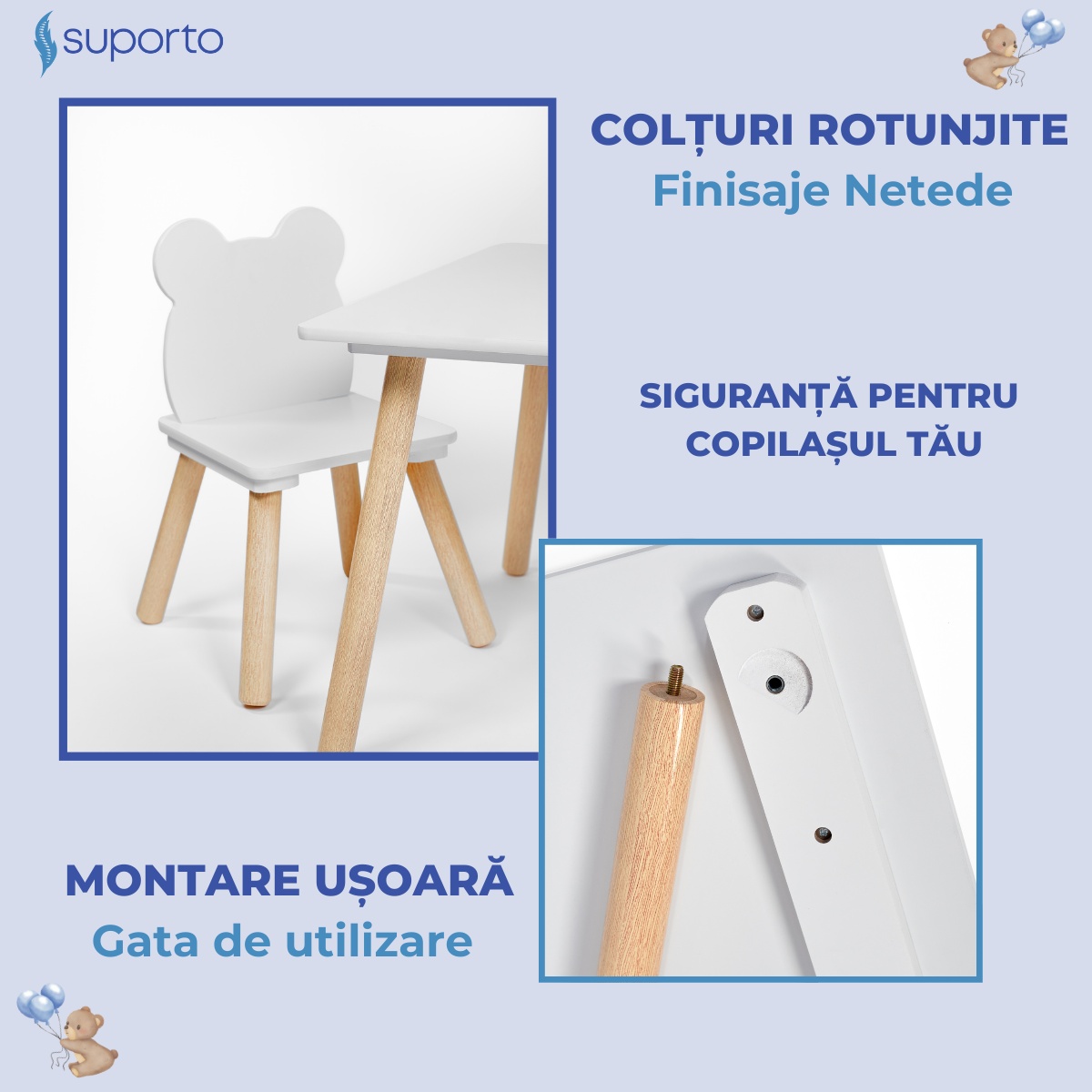 Set Masa si 2 Scaune Suporto pentru Copii din Lemn MDF, Scaun in Forma de Ursulet si Masuta de Scris, Varsta 3-6 Ani, cu Margini Rotunde, Alb - 2 | YEO