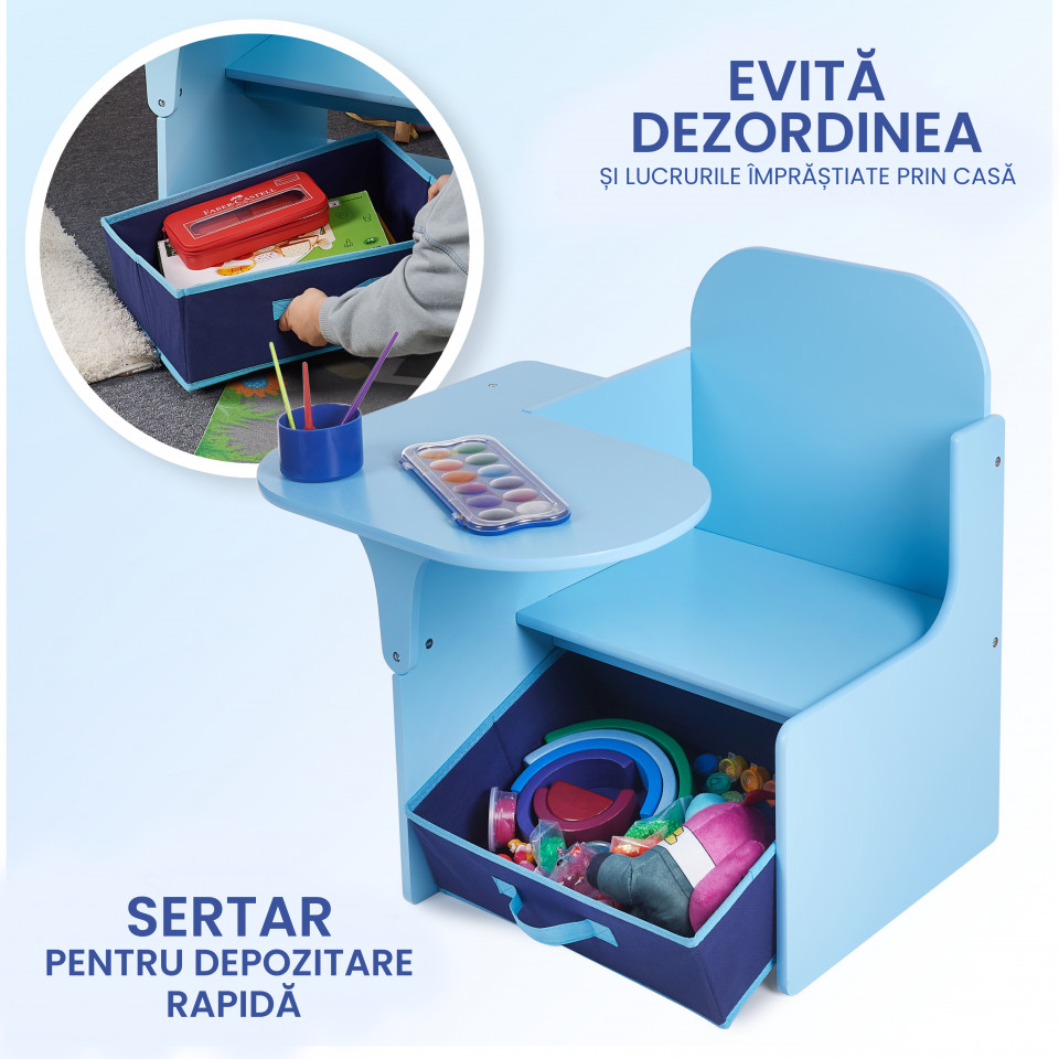 Set Masuta Cu Scaun Incorporat pentru Copii 3 In 1, Din Lemn Mdf, Varsta 3-6 ani Albastru - 2 | YEO