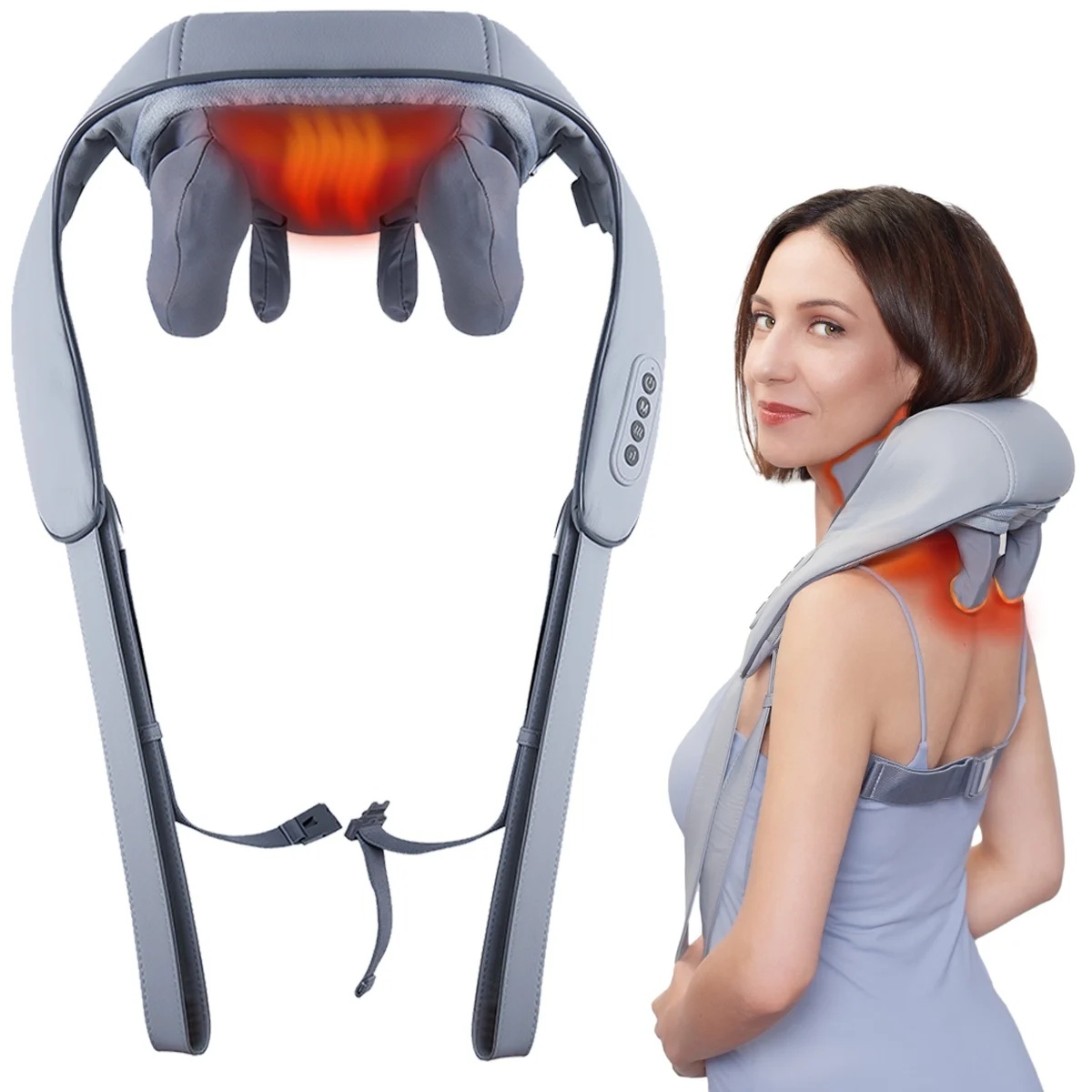 Aparat Masaj Cervical Hands-Free Suporto pentru Relaxare Musculara, Rola de Masat Shiatsu 5D care Imita Masajul Uman, Functie Incalzire, Reduce Stresul si Oboseala, Amelioreaza Durerile pentru Gat, Umeri si Spate, Intensitate Reglabila, Gri