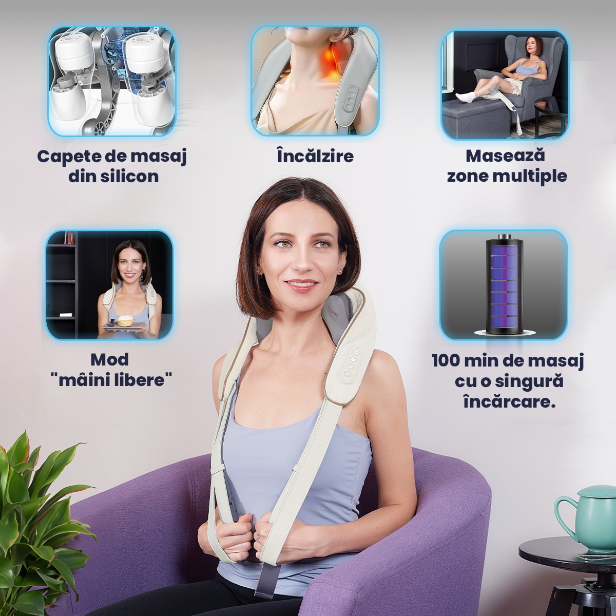 Aparat Masaj Cervical Hands-Free Suporto pentru Relaxare Musculara, Rola de Masat Shiatsu 5D care Imita Masajul Uman, Functie Incalzire, Reduce Stresul si Oboseala, Amelioreaza Durerile pentru Gat, Umeri si Spate, Intensitate Reglabila, Crem - 1 | YEO