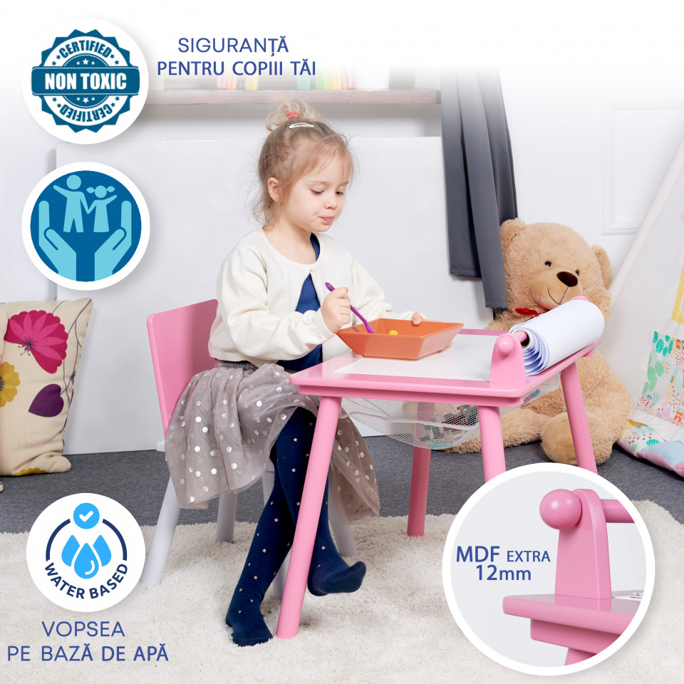 Birou pentru copii Roz cu tabla compatibila cu piese LEGO Clasic, din MDF, cu Scaunel, Rola de desen, Spatiu de depozitare, Blat reversibil - 3 | YEO