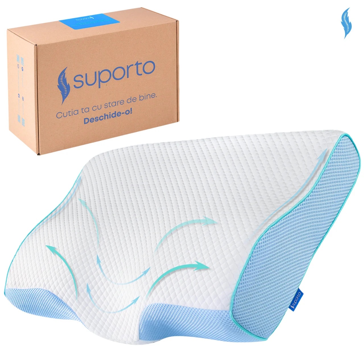 Perna de dormit anatomica si ortopedica cu suport cervical, Din spuma cu memorie, Suporto, Albastra