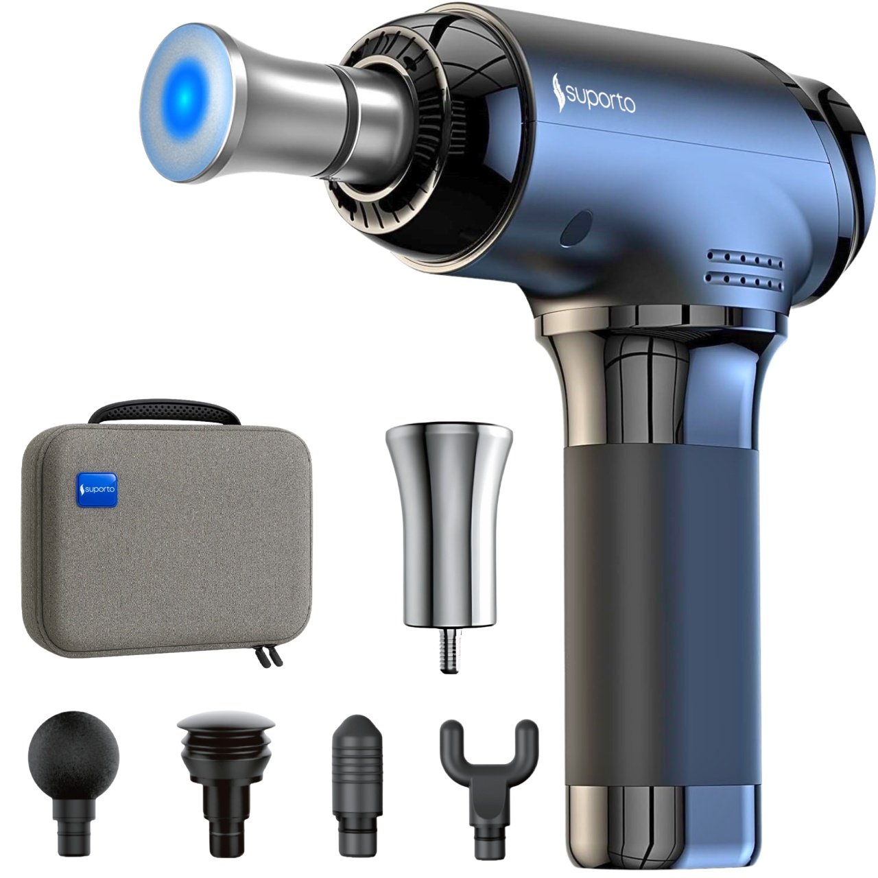 Pistol Masaj Premium Suporto F5 Titan, Massage Gun profesional cu percutii pentru Relaxare și Tonifiere, Ameliorarea Durerilor Musculare, Aparat Fizioterapie, Baterie de 4000 Mah 3h+, Amplitudine 10 mm, Cap special Titan, Geanta Transport, Argintiu