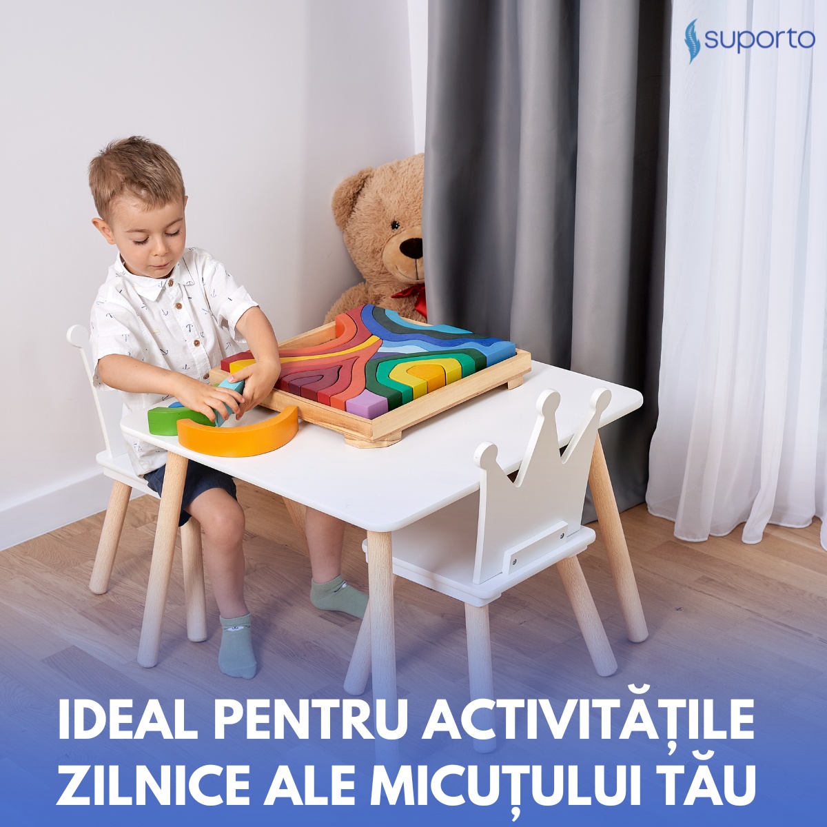Set Masa si 2 Scaune Suporto pentru Copii din Lemn MDF, Model Print si Printesa, Scaun in Forma de Coronita, Varsta 3-6 Ani, cu Margini Rotunjite, Alb - 3 | YEO
