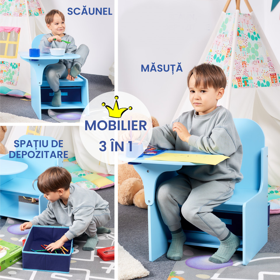 Set Masuta Cu Scaun Incorporat pentru Copii 3 In 1, Din Lemn Mdf, Varsta 3-6 ani Albastru - 3 | YEO