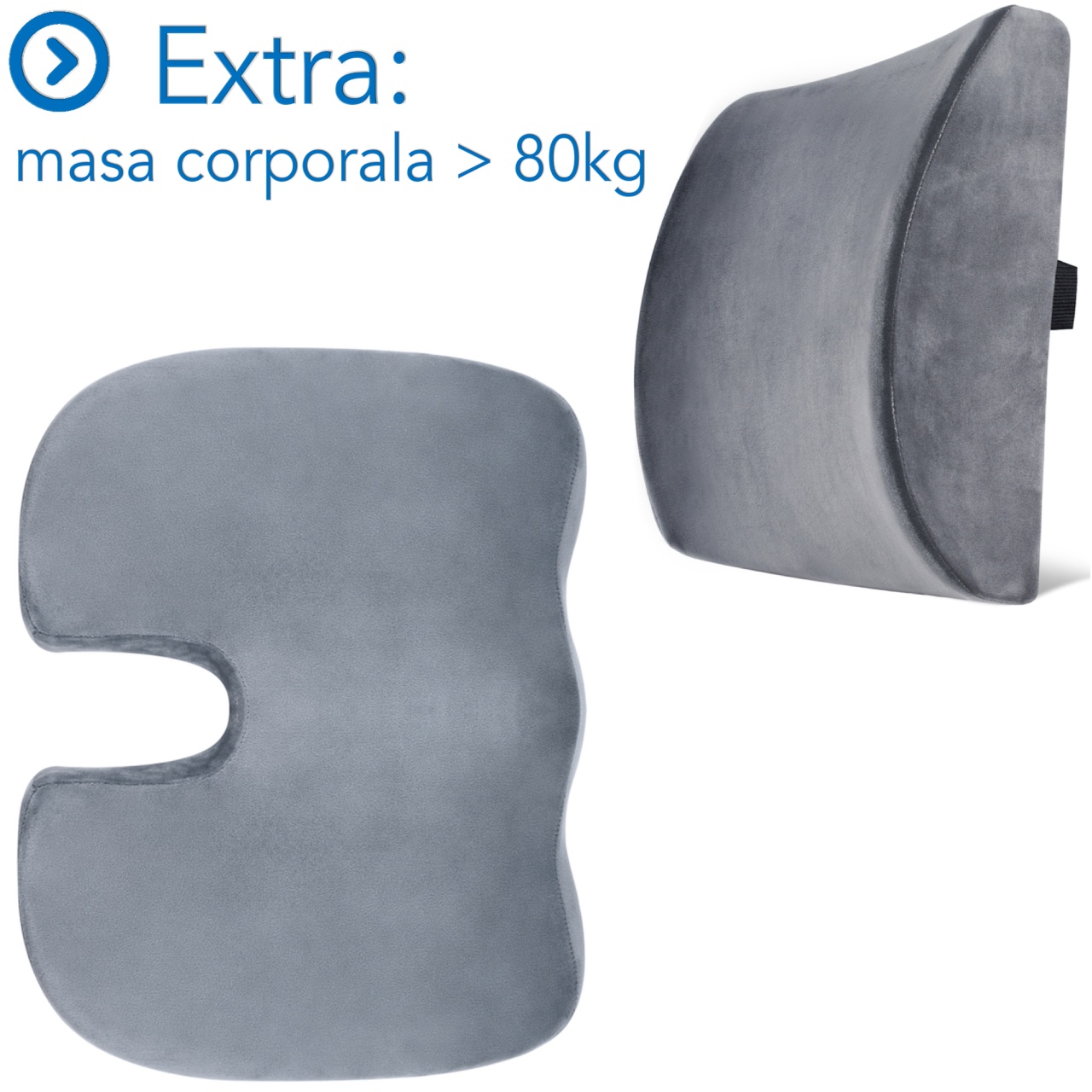 Set Perne Ortopedice Fermitate Extra - Pentru masa corporala peste 80 KG | Perna lombara si Perna sezut Suporto®️ Coccis din spuma cu memorie| Culoare Gri