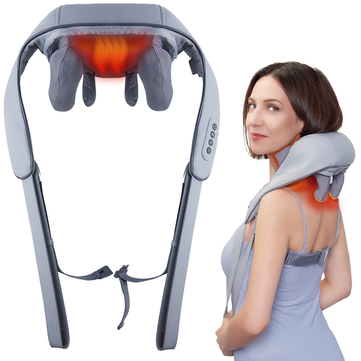 Aparat Masaj Cervical Hands-Free Suporto pentru Relaxare Musculara, Rola de Masat Shiatsu 5D care Imita Masajul Uman, Functie Incalzire, Reduce Stresul si Oboseala, Amelioreaza Durerile pentru Gat, Umeri si Spate, Intensitate Reglabila, Gri