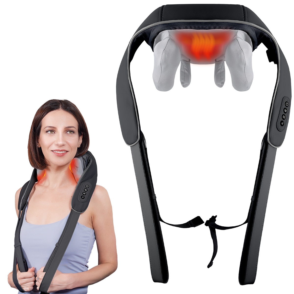 Aparat Masaj Cervical Hands-Free Suporto pentru Relaxare Musculara, Rola de Masat Shiatsu 5D care Imita Masajul Uman, Functie Incalzire, Reduce Stresul si Oboseala, Amelioreaza Durerile pentru Gat, Umeri si Spate, Intensitate Reglabila, Negru