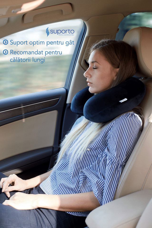 Perna pentru gat Suporto Travel Clasica, Potrivita pentru Calatorii cu Avion, Tren, Masina, din spuma cu memorie, Neagra - 1 | YEO