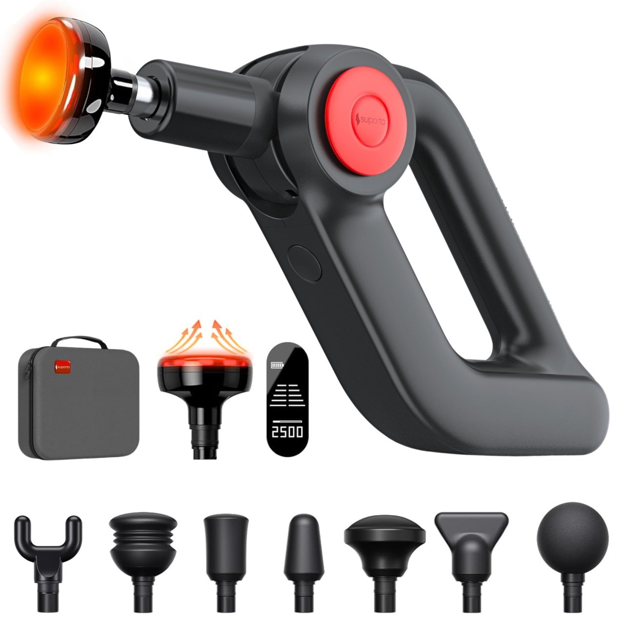 Pistol Masaj Premium Suporto F7 Pro, Aparat profesional Sportivi, Fizioterapeuti, Massage Gun pentru Detensionare și Tonifiere, Ameliorare Dureri Musculare, 4 Programe, 8 capete, Cap cu Incalzire, Baterie 4h+, Amplitudine 12 mm, Ecran OLED, Negru