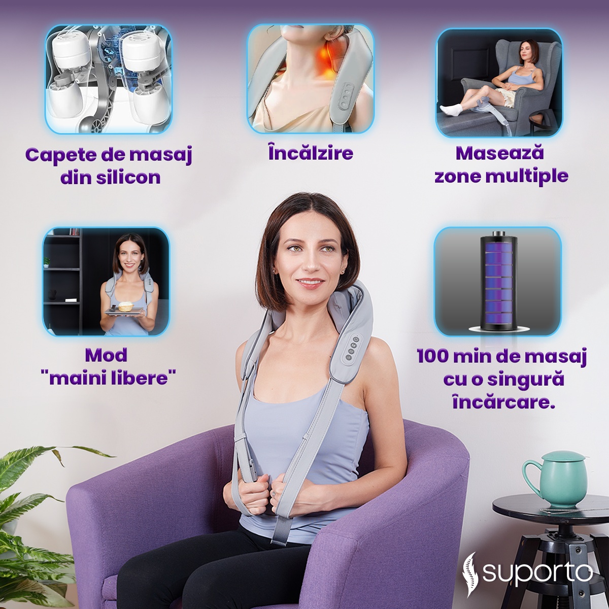 Aparat Masaj Cervical Hands-Free Suporto pentru Relaxare Musculara, Rola de Masat Shiatsu 5D care Imita Masajul Uman, Functie Incalzire, Reduce Stresul si Oboseala, Amelioreaza Durerile pentru Gat, Umeri si Spate, Intensitate Reglabila, Gri - 1 | YEO