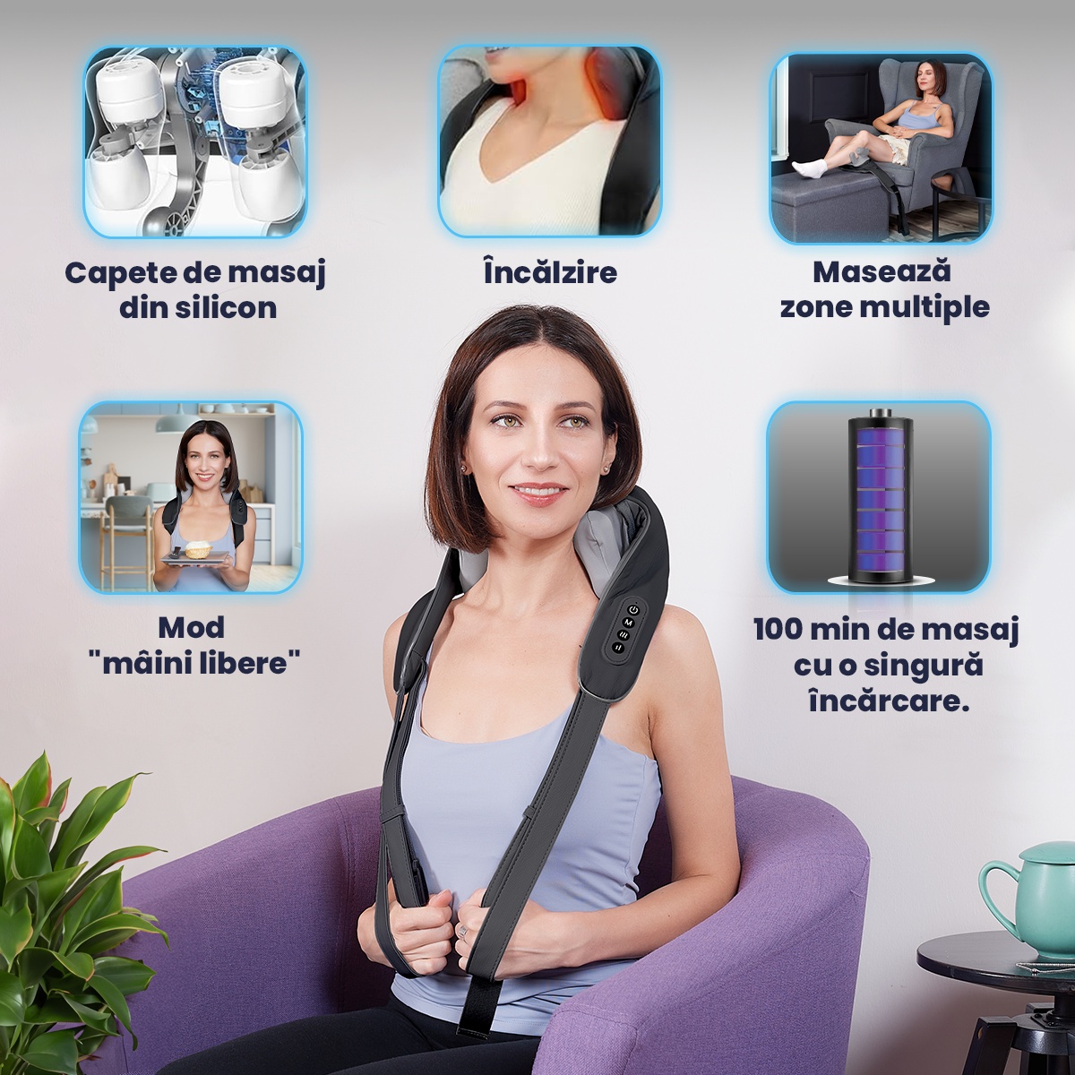 Aparat Masaj Cervical Hands-Free Suporto pentru Relaxare Musculara, Rola de Masat Shiatsu 5D care Imita Masajul Uman, Functie Incalzire, Reduce Stresul si Oboseala, Amelioreaza Durerile pentru Gat, Umeri si Spate, Intensitate Reglabila, Negru - 1 | YEO