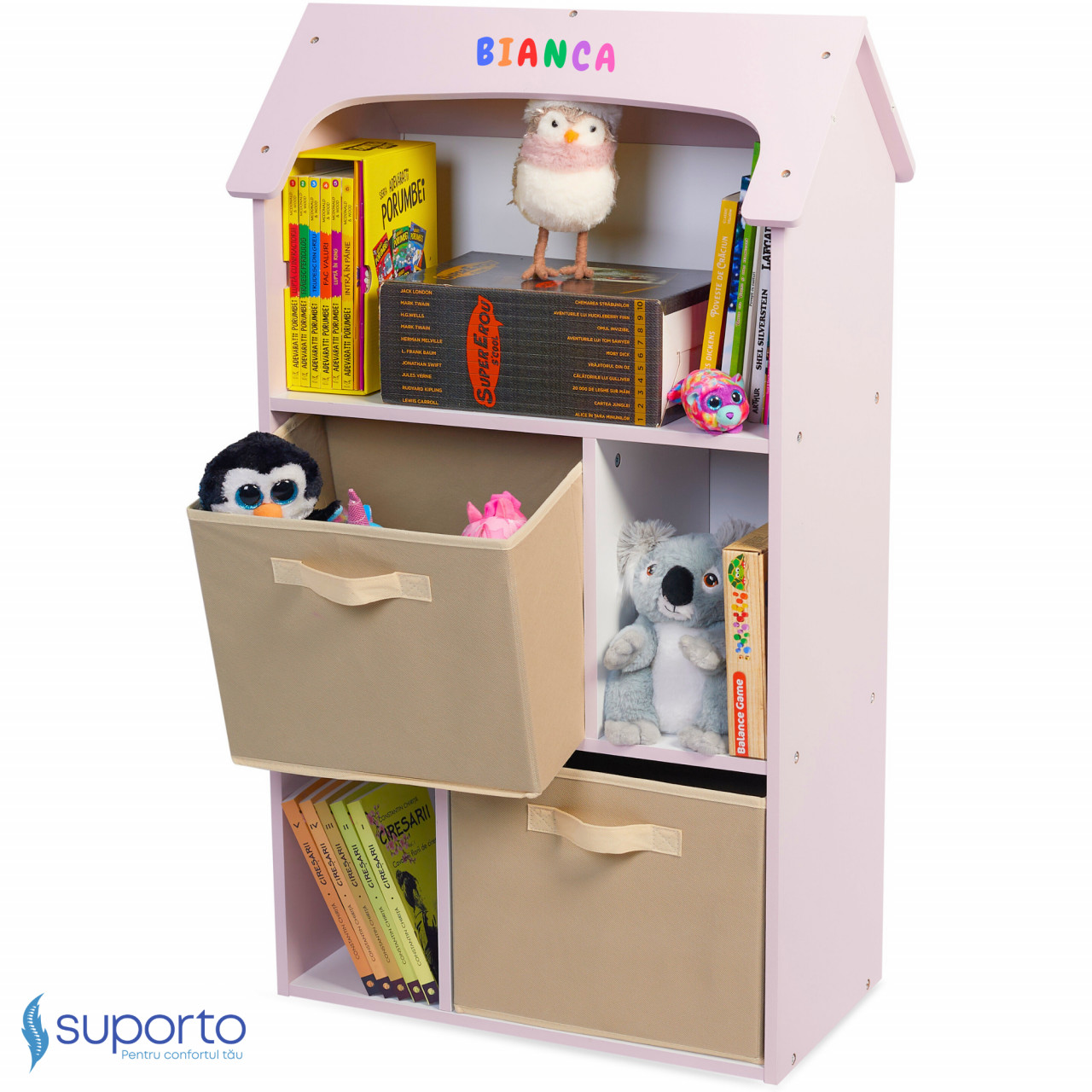 Biblioteca copii, Suporto, Organizator cu raft pentru carti, Cutii depozitare jucarii, rechizite si papusi, Mobilier din Lemn MDF, Dulap tip casuta cu 3 etajere, 91,5 x 54 x 27cm, Roz