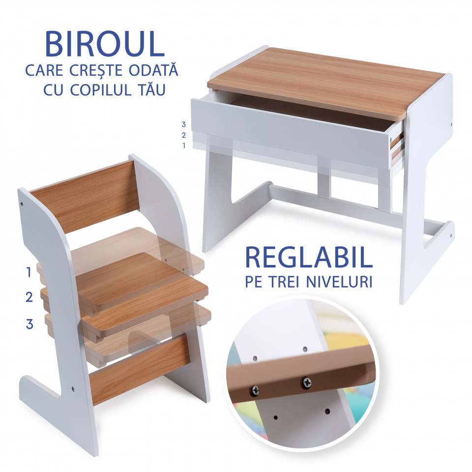 Birou pentru copii Reglabil, din MDF, cu Scaunel reglabil, Spatiu de depozitare, Utilizari multiple, Alb - 1 | YEO