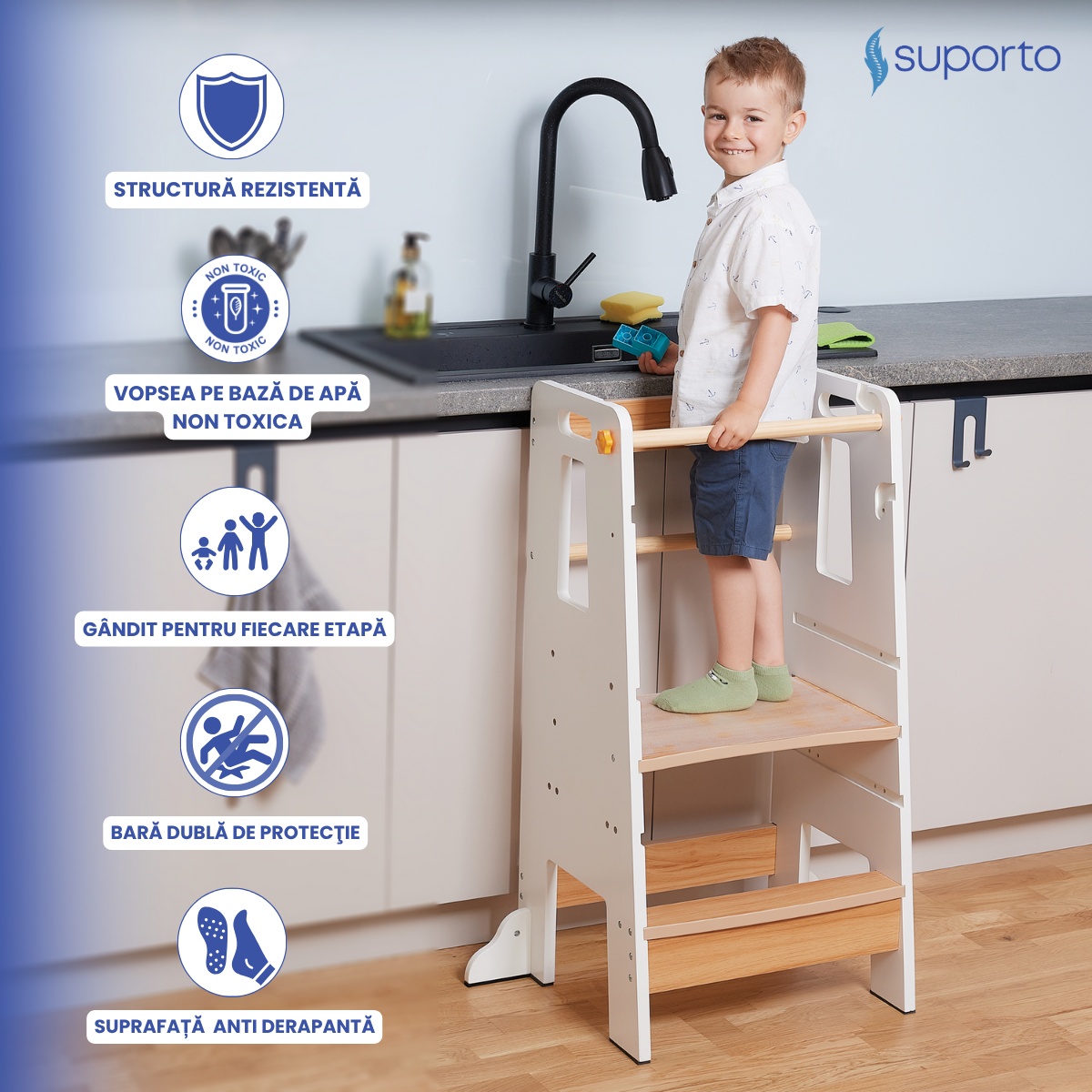 Turn de Invatare tip Learning tower pentru Copii Suporto, Rol de Inaltator cu Treapta de urcare reglabila antiderapanta si Balustrade de Protectie, Alb / Maro - 1 | YEO