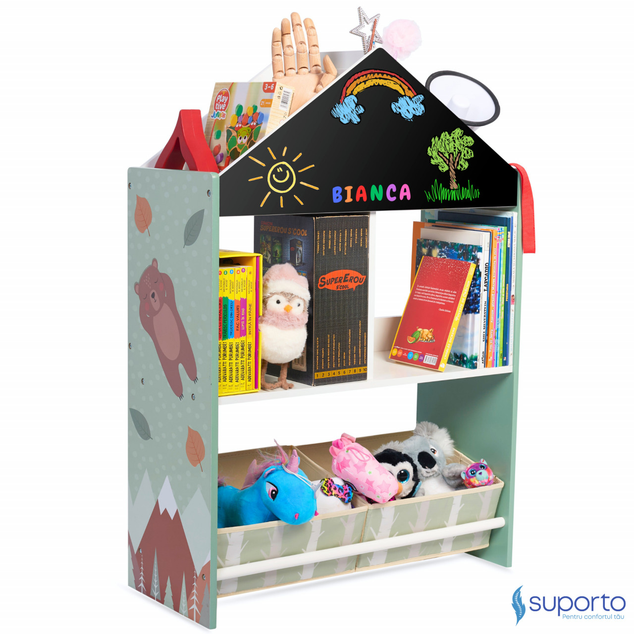 Biblioteca copii Suporto Verde, Organizator cu raft pentru carti, Cutii depozitare jucarii, Tabla de desen, Mobilier din Lemn MDF, Dulap tip casuta cu etajere, 90 x 62 x 27cm