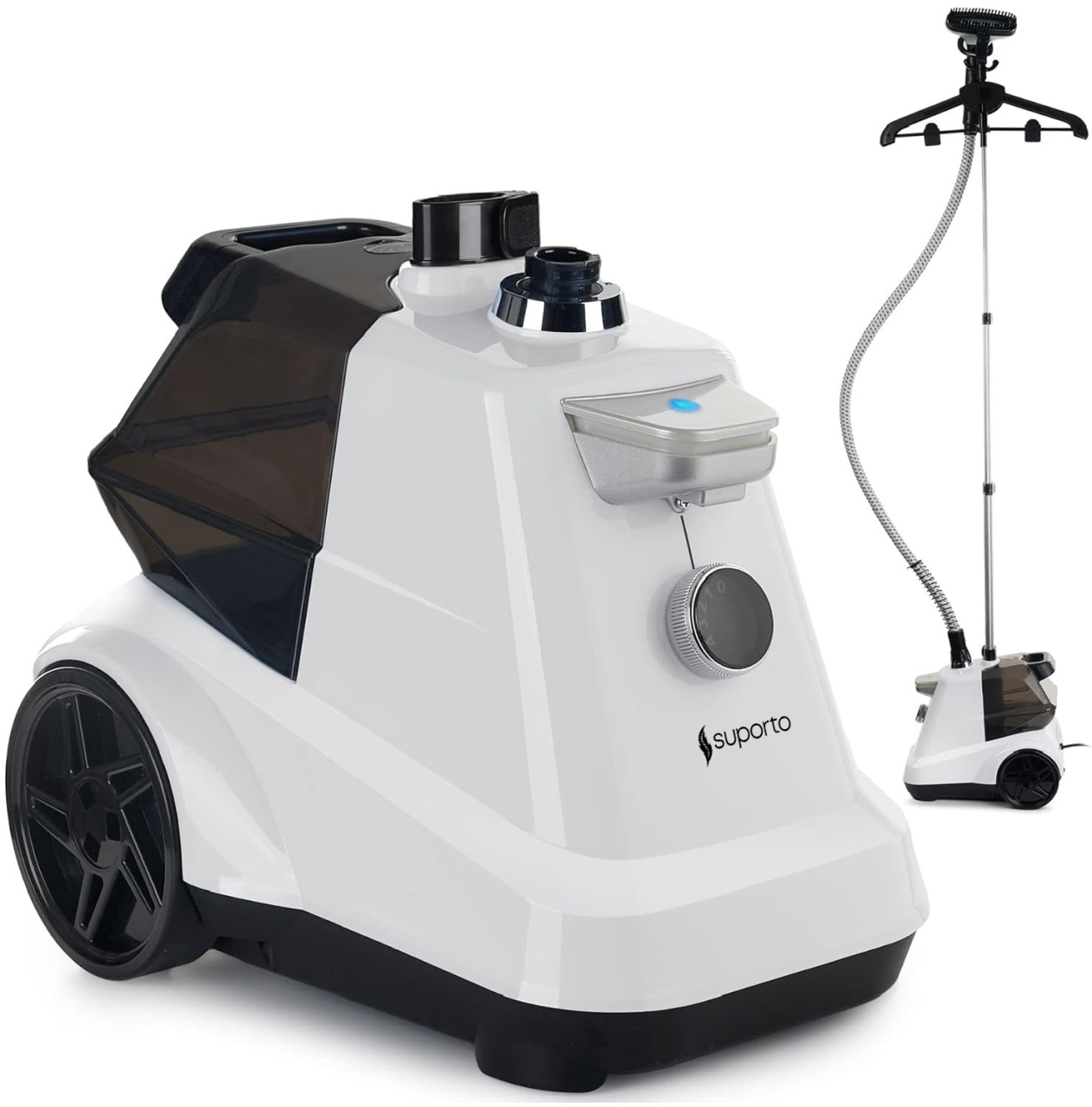 Fier de Calcat Vertical cu aburi Suporto, Steamer model R3 de 2200W cu 4 trepte de putere. Statie de calcat profesionala pentru haine netede, fara mirosuri si fara cute. Rezervor aparat 3L, pentru 65 min de lucru, 45g/min abur continuu, Alb