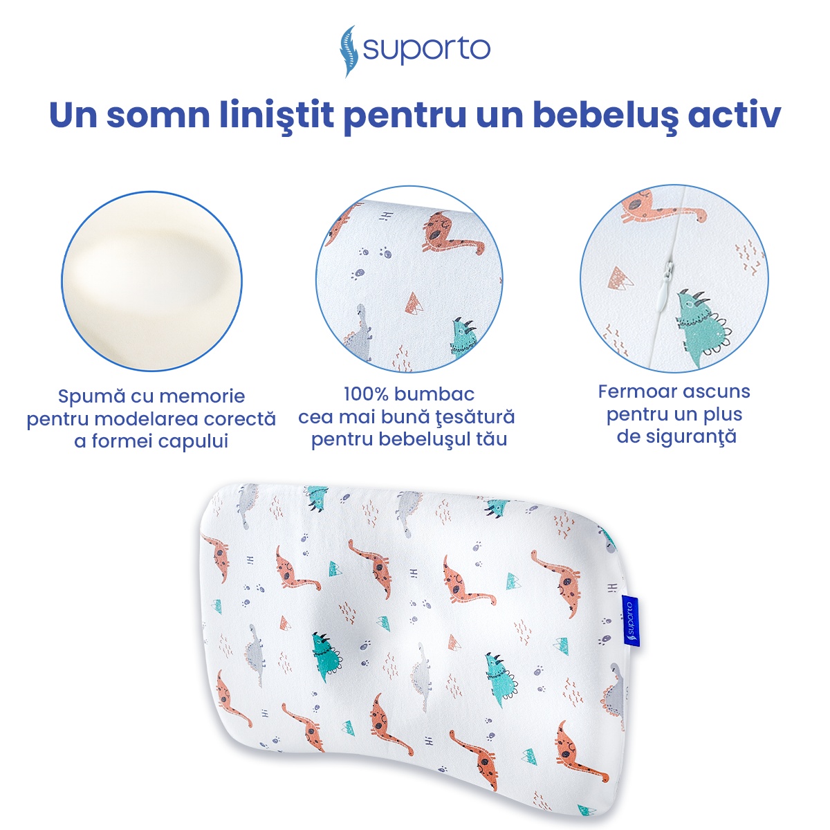Perna ortopedica pentru bebelusi | Perna bebe nou nascuti 8-24 luni | Impotriva plagiocefaliei - Model Dinozauri - 1 | YEO