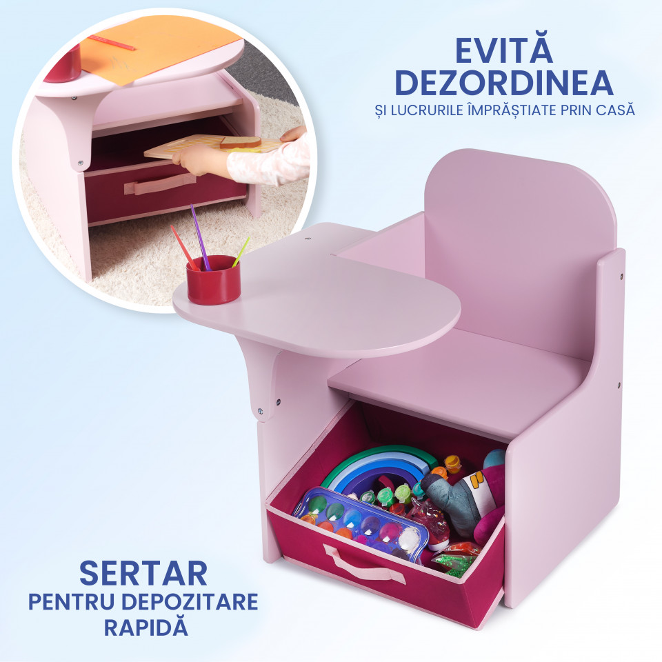 Set Masuta Cu Scaun Incorporat pentru Copii, 3 In 1, Din Lemn Mdf, Varsta 3-6 ani Roz - 2 | YEO