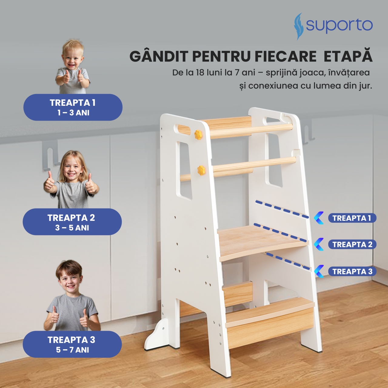Turn de Invatare tip Learning tower pentru Copii Suporto, Rol de Inaltator cu Treapta de urcare reglabila antiderapanta si Balustrade de Protectie, Alb / Maro - 2 | YEO