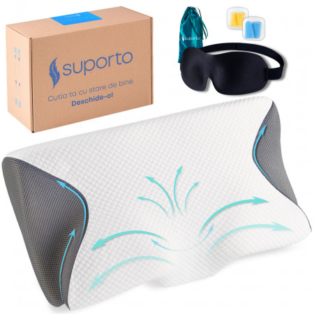 Set Perna Ortopedica Cervicala pentru dormit cu Extensii Gri + Masca de dormit Suporto 3D cu saculet Verde Smarald, Ideale pentru ochi obositi si un somn odihnitor.