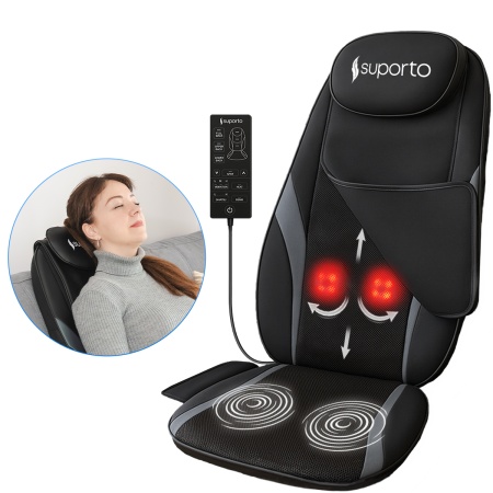 Aparat Masaj Spate Suporto DETENSO GO de tip Husa scaun de masaj cu Shiatsu si Vibromasaj, Perna Masaj cu Incalzire terapeutica, Reduce tensiunea si Relaxează Spatele, Functie Masaj Tintit, Negru