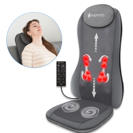 Aparat Masaj Spate Suporto DETENSO 3D Max de tip Husa scaun de masaj cu Shiatsu si Vibromasaj, Perna Masaj cu Incalzire terapeutica, Reduce tensiunea si Relaxează Spatele, Functie Masaj 2D/3D, Cervical, Tintit, Rulare, Gri