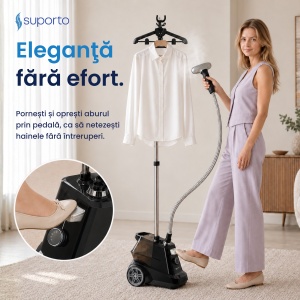 Fier de Calcat Vertical cu aburi SUPORTO R3, Steamer de 2200W cu 4 trepte de putere. Statie de calcat profesionala pentru haine netede, fara mirosuri si fara cute. Rezervor aparat 3L, pentru 65 min de lucru, 45g/min abur continuu. - Img 6