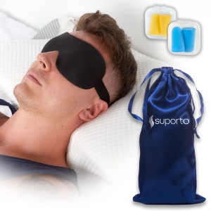 Masca de dormit Suporto 3D cu saculet Albastru Închis, masca de somn premium, reglabila, blochează lumina în totalitate, cu 2 Seturi de dopuri de urechi incluse