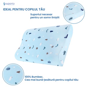Perna copii Suporto Toddler, 2 - 9 ani, Ortopedica si Hipoalergenica din Spuma cu Memorie, 2 Inaltimi pentru dormit si Suport cervical, Husa Bumbac 100%, Albastra - Img 4