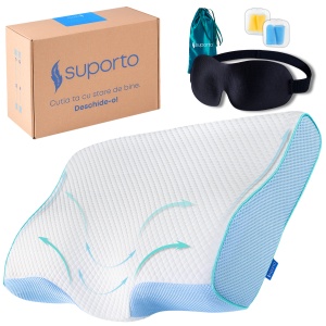Set Perna Cervicala Anatomica si Ortopedica Albastra + Masca de dormit Suporto 3D cu saculet Verde Smarald, pachet pentru ochi obositi si un somn confortabil. - Img 12