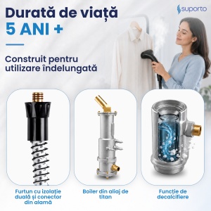 Fier de Calcat Vertical cu aburi SUPORTO R3, Steamer de 2200W cu 4 trepte de putere. Statie de calcat profesionala pentru haine netede, fara mirosuri si fara cute. Rezervor aparat 3L, pentru 65 min de lucru, 45g/min abur continuu. - Img 3