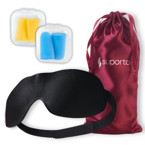 Masca de dormit Suporto 3D cu saculet Bordo, masca de somn premium, reglabila, blochează lumina în totalitate, cu 2 Seturi de dopuri de urechi incluse