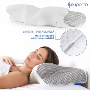 Perna Ortopedica Cervicala pentru dormit, cu Extensii si Suport ergonomic pentru gat, din spuma cu memorie, Suporto, Alb cu Negru - Img 5