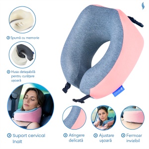 Set Perna de calatorie Suporto Travel Companion. Perna voiaj din spuma cu memorie, Roz + Masca de dormit Suporto 3D cu saculet Roz Peach, Pachet pentru ochi obositi si un somn odihnitor - Img 2