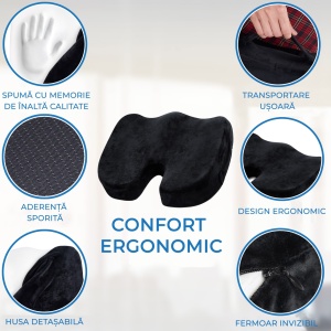 Set Perna de Sezut Suporto Extra Coccis Suport si Perna Lombara Slim, Suport Lombar pentru Scaun Auto sau de Birou, Spuma cu Memorie, Culoare Neagra - Img 4